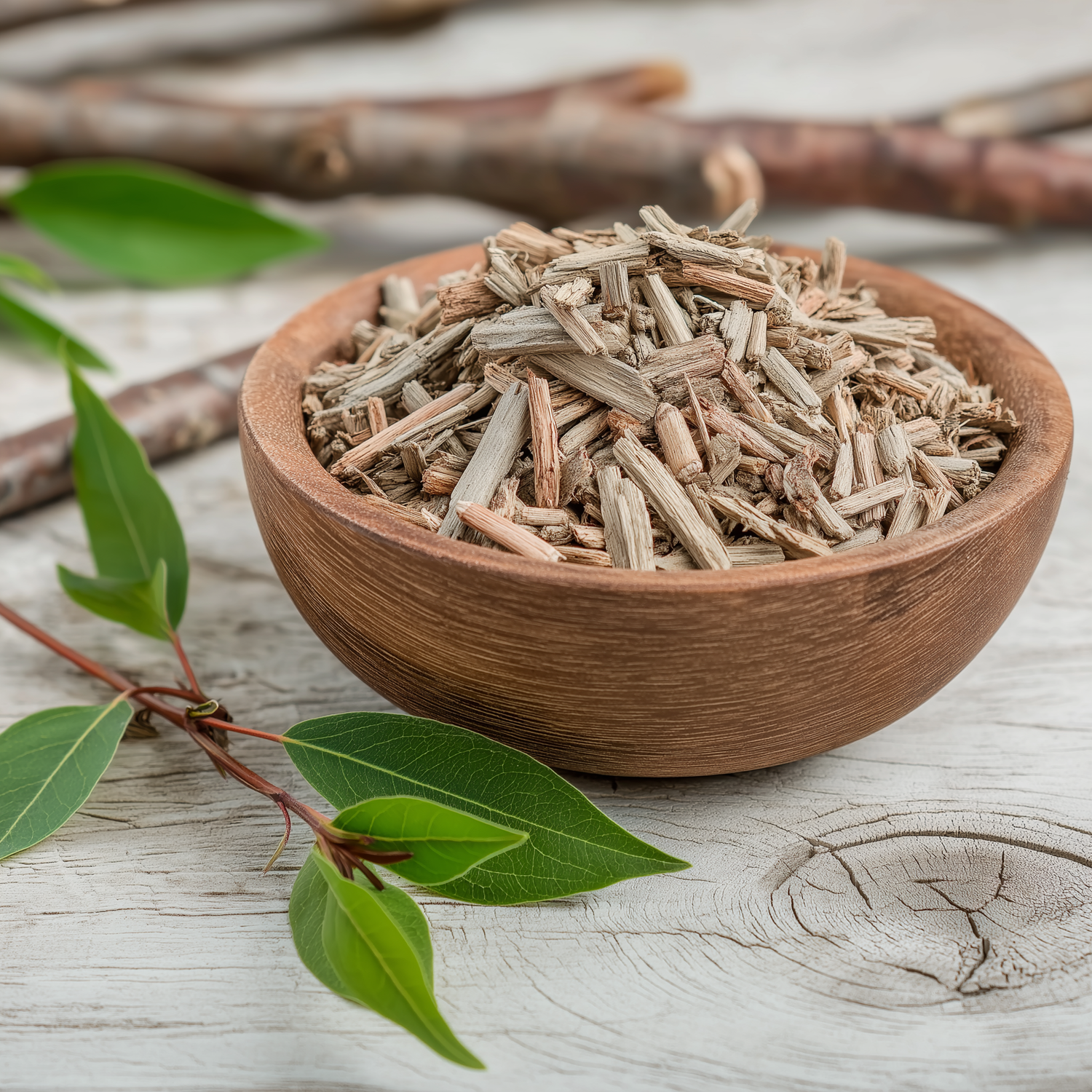 Geschnittene Weidenrinde in Holzschale mit frischen Salix-Zweigen und grünen Blättern auf hellem, natürlichem Untergrund