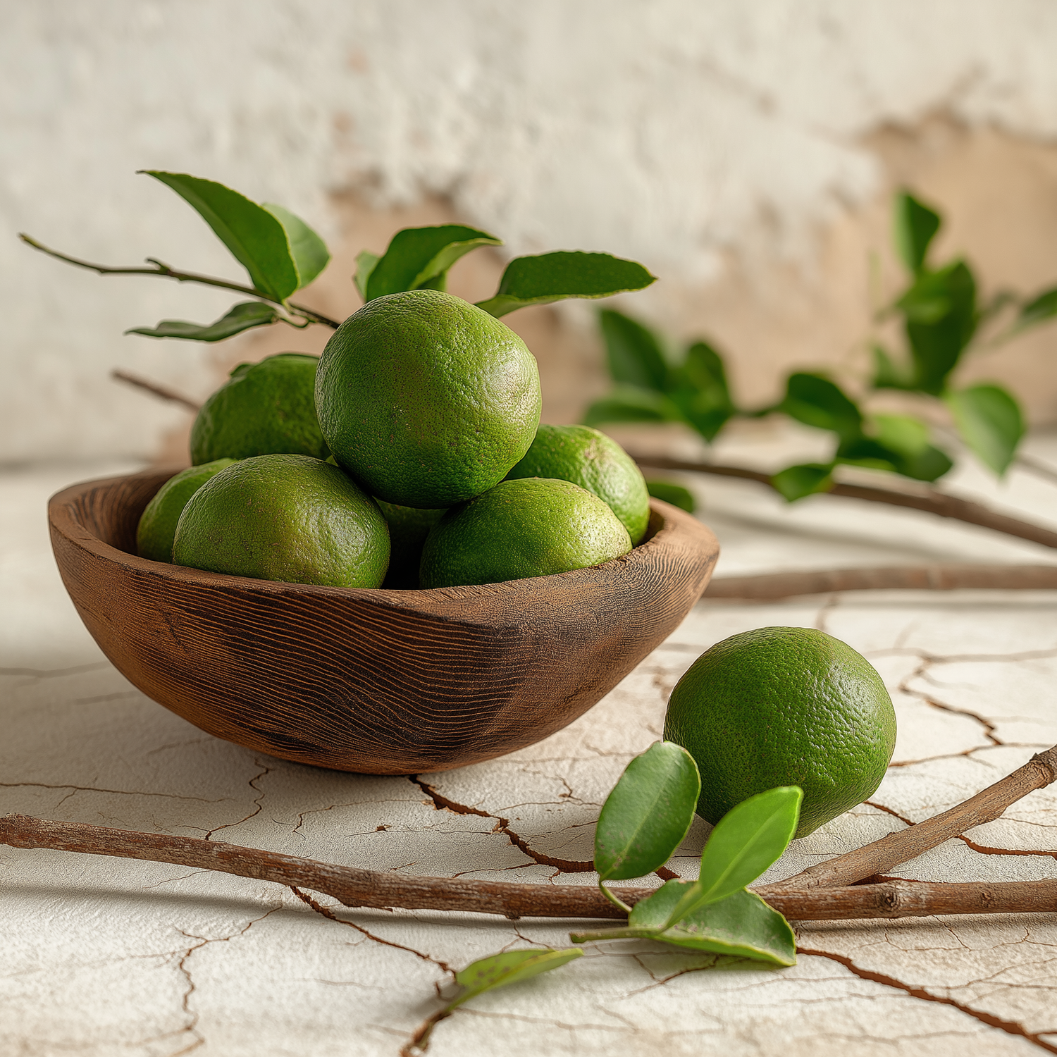 Frische grüne Bergamottfrüchte in Holzschale mit Blättern und Zweigen der Citrus-bergamia-Pflanze auf hellem Untergrund