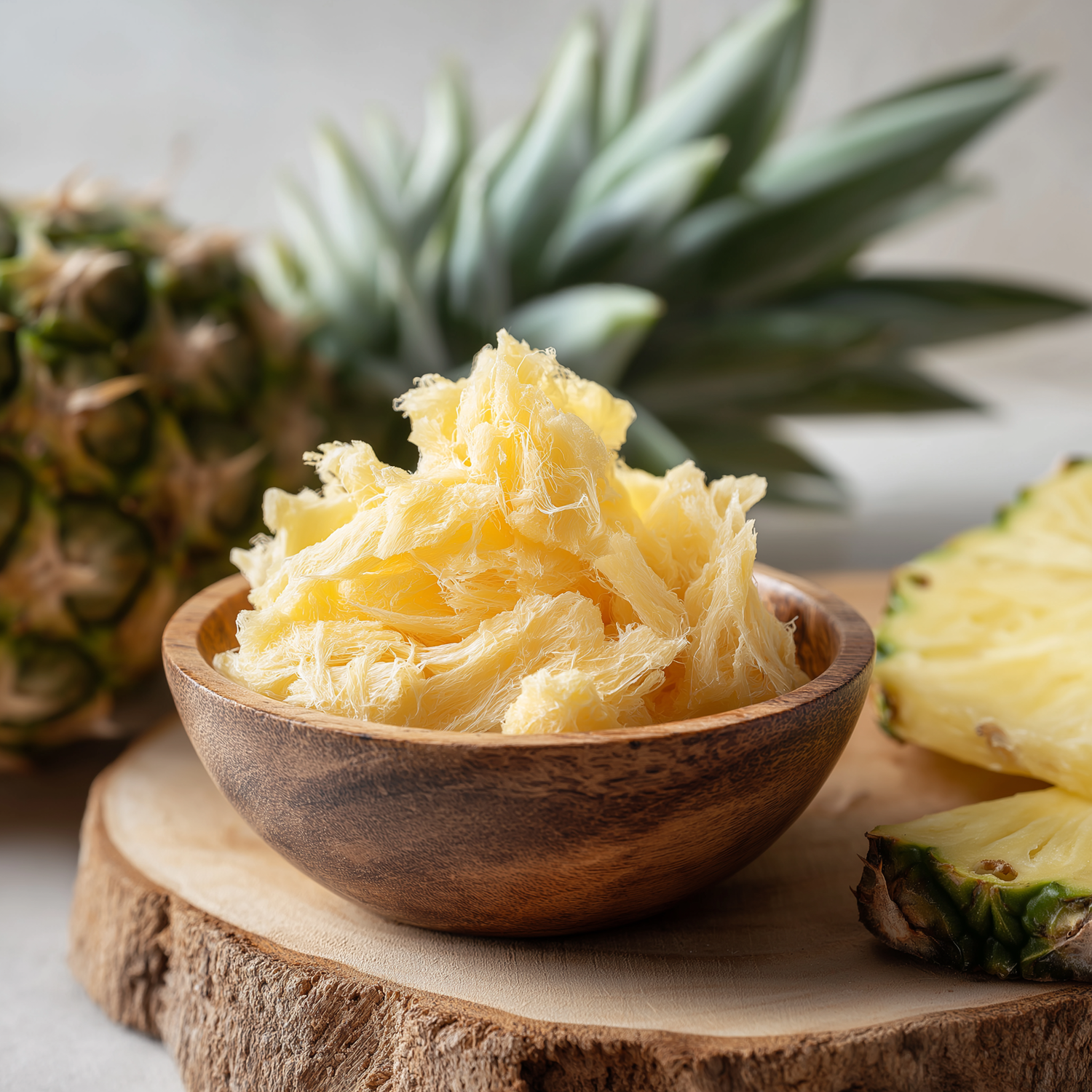 Faserige Ananasstücke in Holzschale mit frischer Ananaspflanze oder halber Frucht daneben als natürliche Bromelain-Quelle