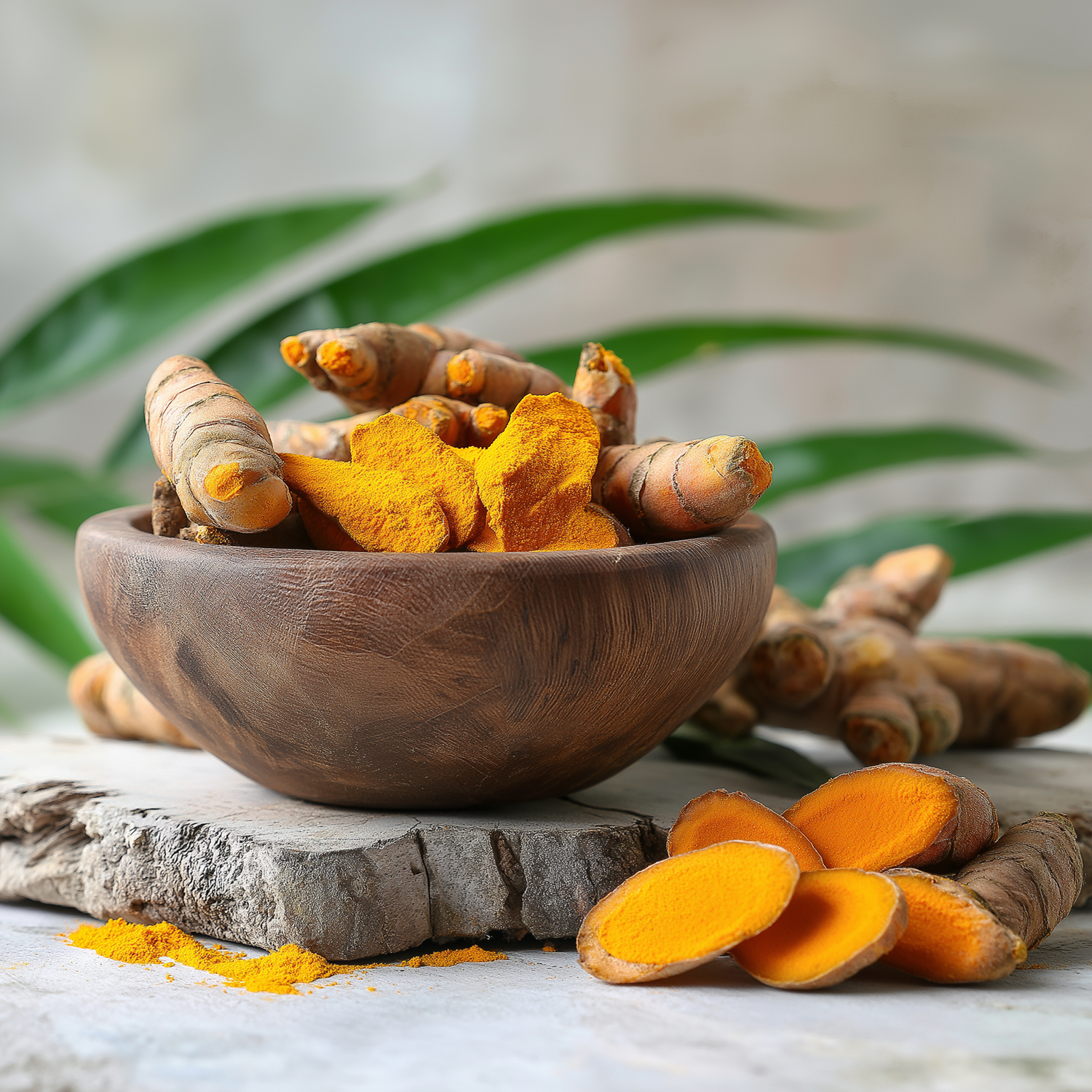 Frische Curcumawurzeln in Holzschale mit aufgeschnittenen Curcuma-rhizomen und grüner Pflanze daneben