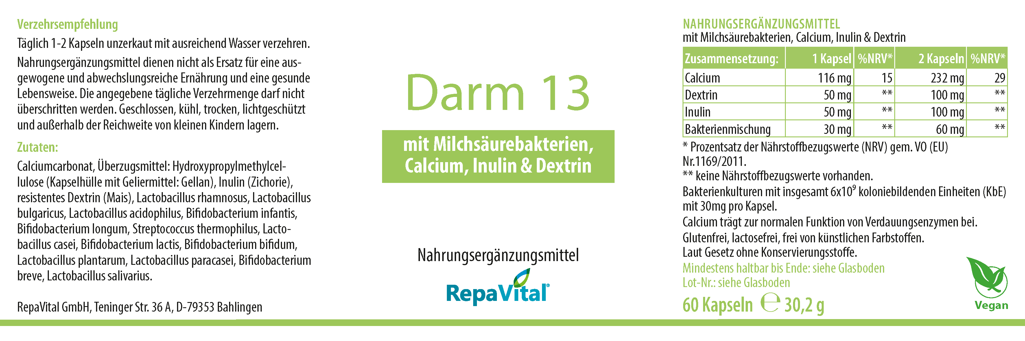 Etikett des Nahrungsergänzungsmittels RepaVital Darm 13 mit 13 Milchsäurebakterienstämmen, Inulin, Dextrin und Calcium. Vegan, frei von künstlichen Zusatzstoffen, glutenfrei und laktosefrei. 60 Kapseln à 30,2 g. Hergestellt in Deutschland.