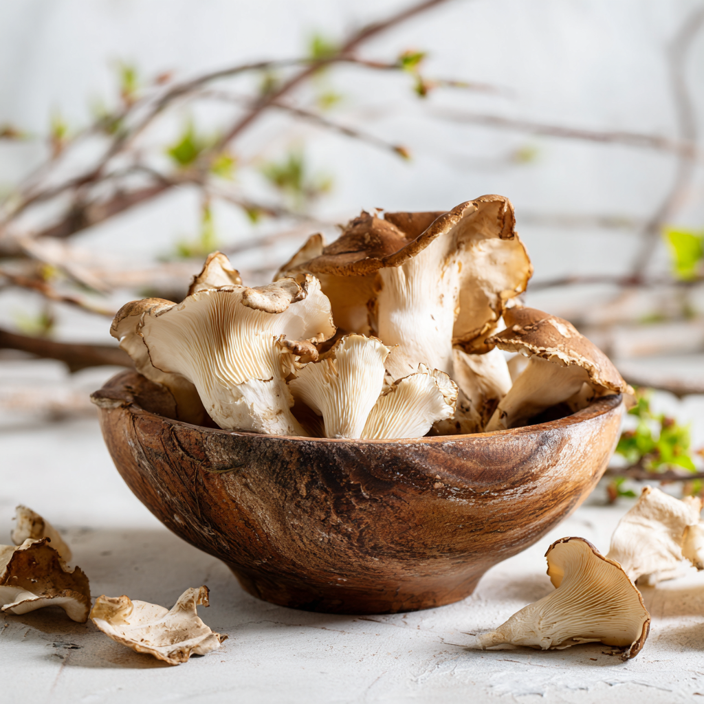 Getrocknete Pilzstücke von Polyporus umbellatus in Holzschale mit frischem Eichhase-Pilz daneben als natürliche Quelle