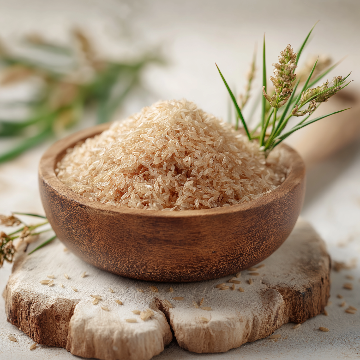 Flohsamenschalen in Holzschale mit frischer Plantago-ovata-Pflanze und Samenähren daneben