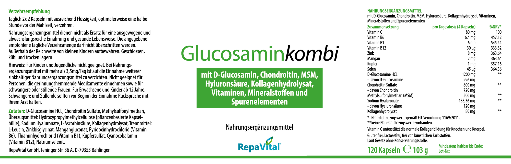 Etikett von Glucosaminkombi von RepaVital – Nahrungsergänzungsmittel mit D-Glucosamin, Chondroitin, MSM, Hyaluronsäure, Kollagenhydrolysat, Vitaminen und Mineralstoffen, 120 Kapseln