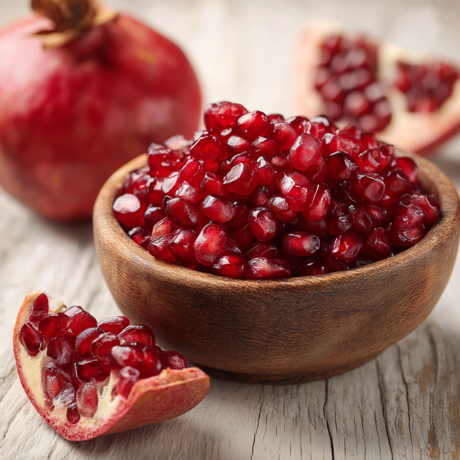 Frische Granatapfelkerne in Holzschale mit halbiertem Granatapfel daneben als natürliche Quelle