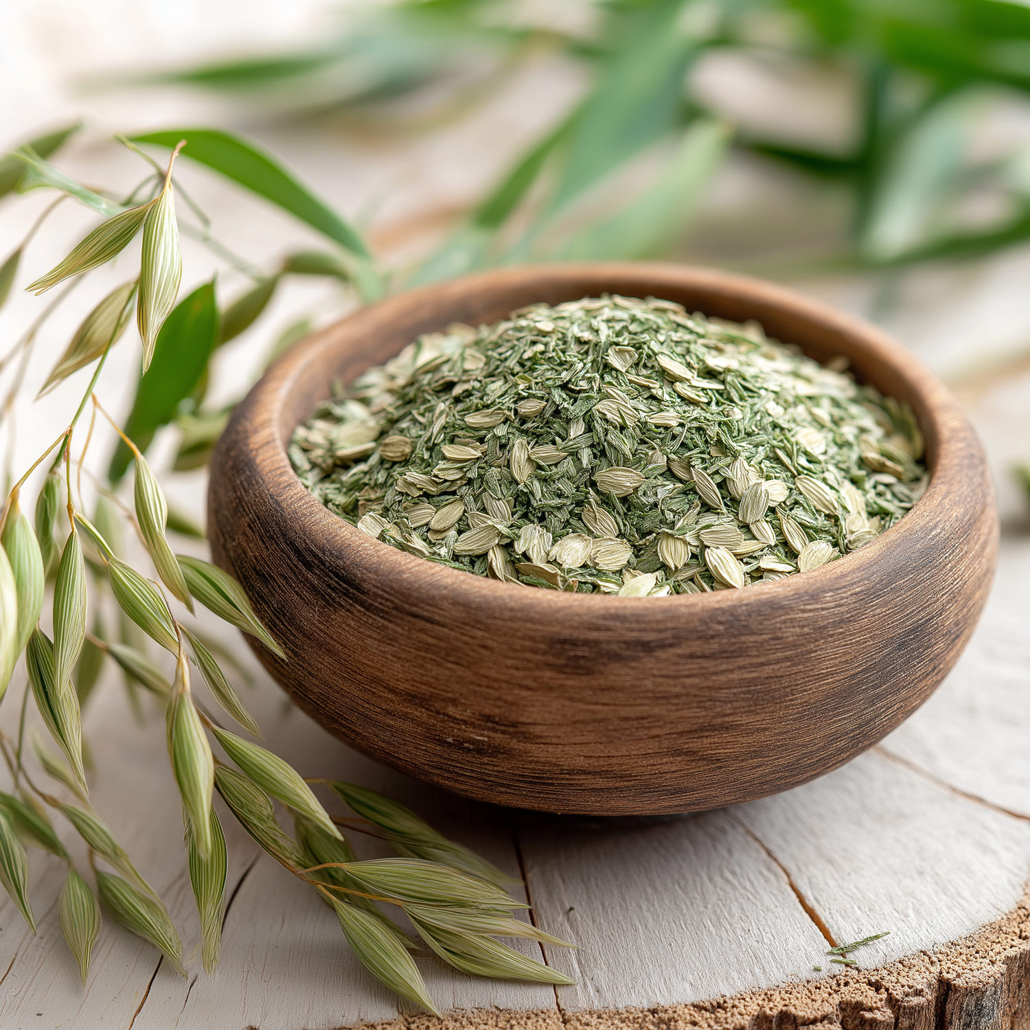 Getrocknetes grünes Haferkraut in Holzschale mit Avena-sativa-Halmpflanze daneben
