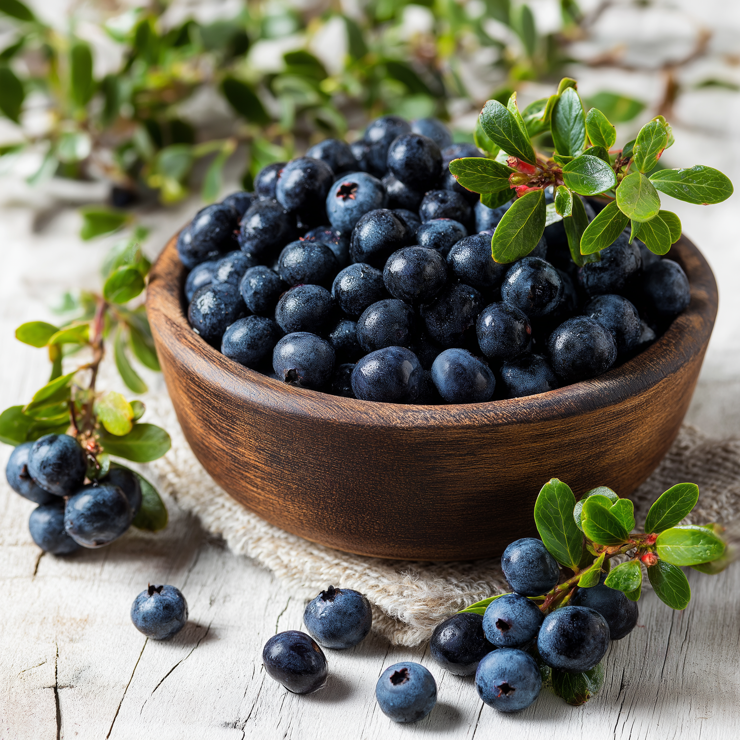 Frische Heidelbeeren in Holzschale mit Zweig der Vaccinium-myrtillus-Pflanze mit Blättern und Beeren
