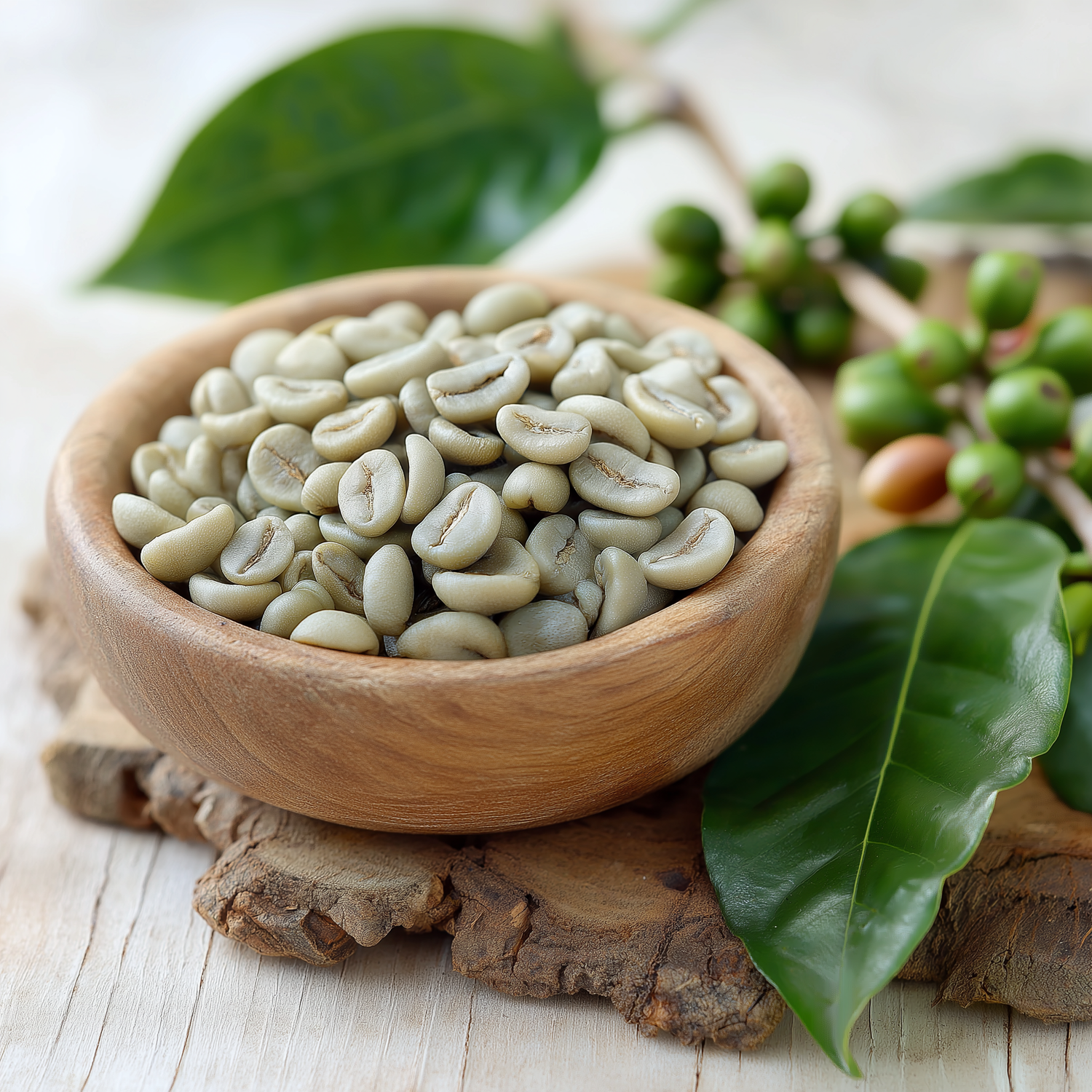 Ungeröstete grüne Kaffeebohnen in Holzschale mit Kaffeepflanzenzweig und unreifen Kaffeekirschen daneben