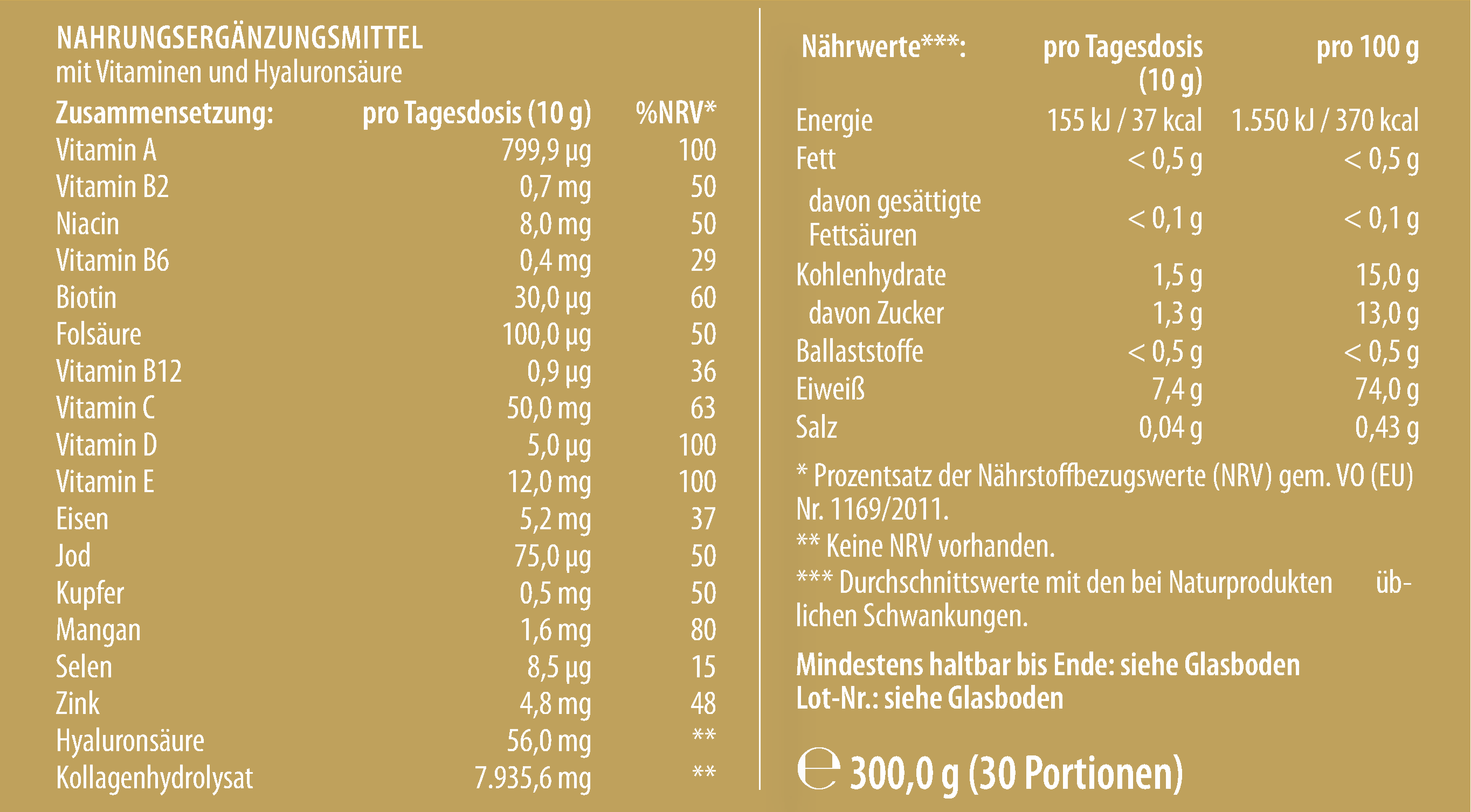 Etikett des RepaVital KollagenPulvers mit vollständiger Nährstofftabelle, Inhaltsstoffen, Verzehrempfehlung und wichtigen Hinweisen auf goldfarbenem Hintergrund.