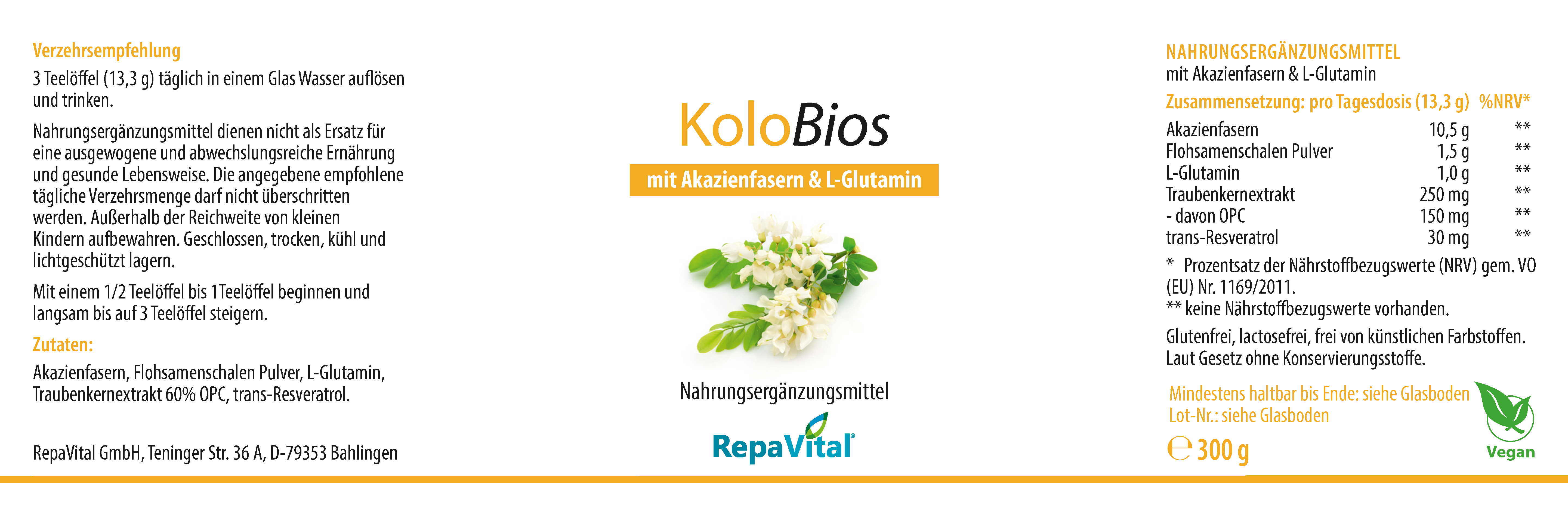 Etikett des Nahrungsergänzungsmittels RepaVital Kolobios mit Akazienfasern, Flohsamenschalen, L-Glutamin, Resveratrol und MPC (Monomere Proanthocyanidine). Vegan, glutenfrei, laktosefrei, ohne künstliche Zusatzstoffe. 300 g Pulver zur täglichen Anwendung.