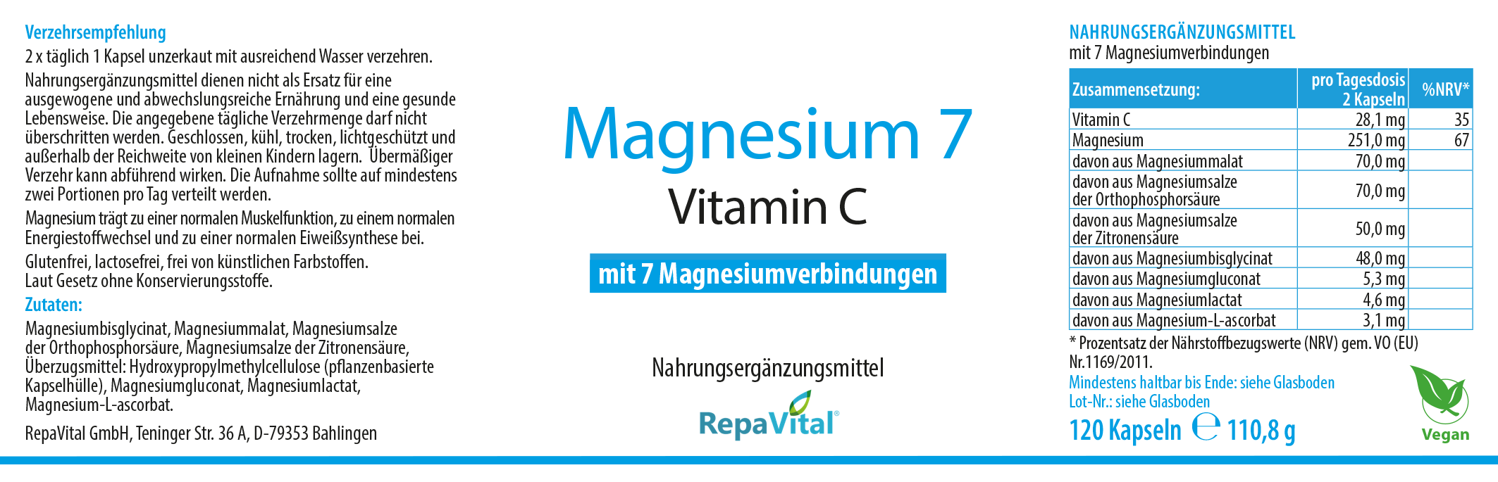 Etikett Magnesium7 mit Vitamin C und 7 Magnesiumverbindungen