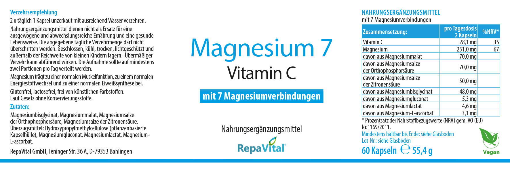 Produktetikett von RepaVital Magnesium 7 – veganes Nahrungsergänzungsmittel mit sieben Magnesiumverbindungen und Vitamin C, unterstützt Muskelfunktion und Energiestoffwechsel