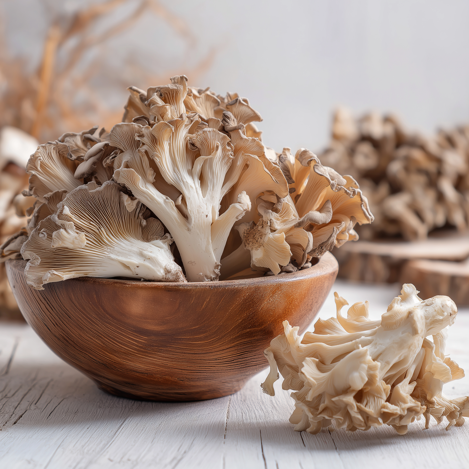 Maitake-Pilzstücke in Holzschale mit frischem Grifola-frondosa-Pilz mit fächerförmigem Fruchtkörper daneben