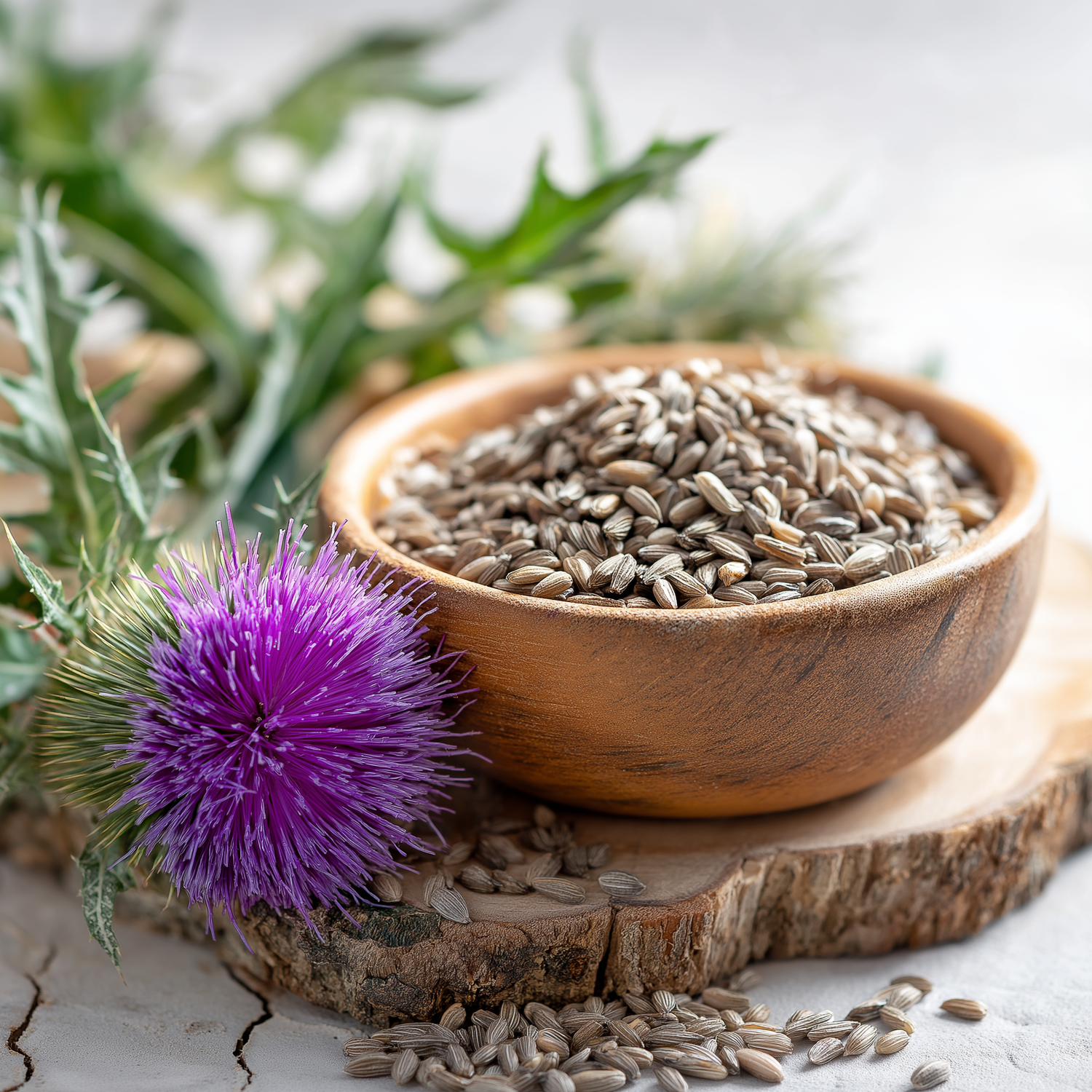 Mariendistelsamen in Holzschale mit frischer Silybum-marianum-Pflanze mit gezackten Blättern und lila Blüte daneben“
