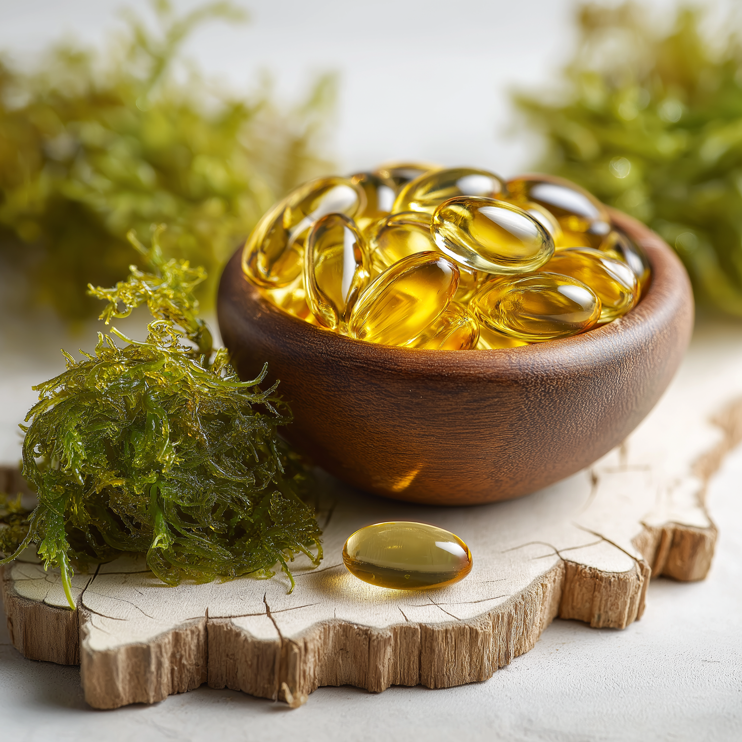 Goldene Omega-3-Kapseln aus Algenöl in Holzschale mit Meeresalgen als pflanzlicher Quelle daneben