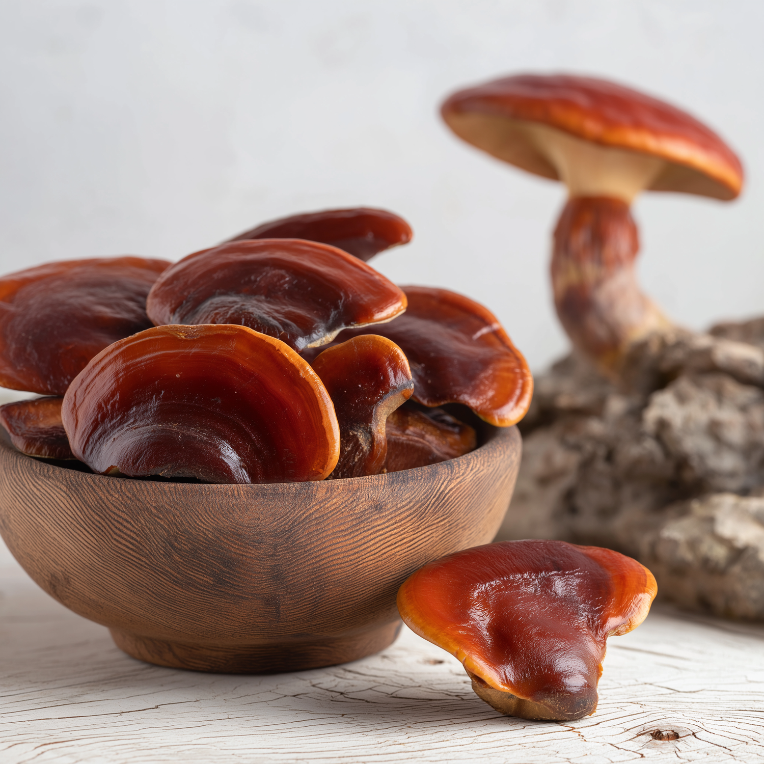 Getrocknete Reishi-Pilzscheiben in Holzschale mit frischem Reishi-Pilz mit glänzendem Hut daneben