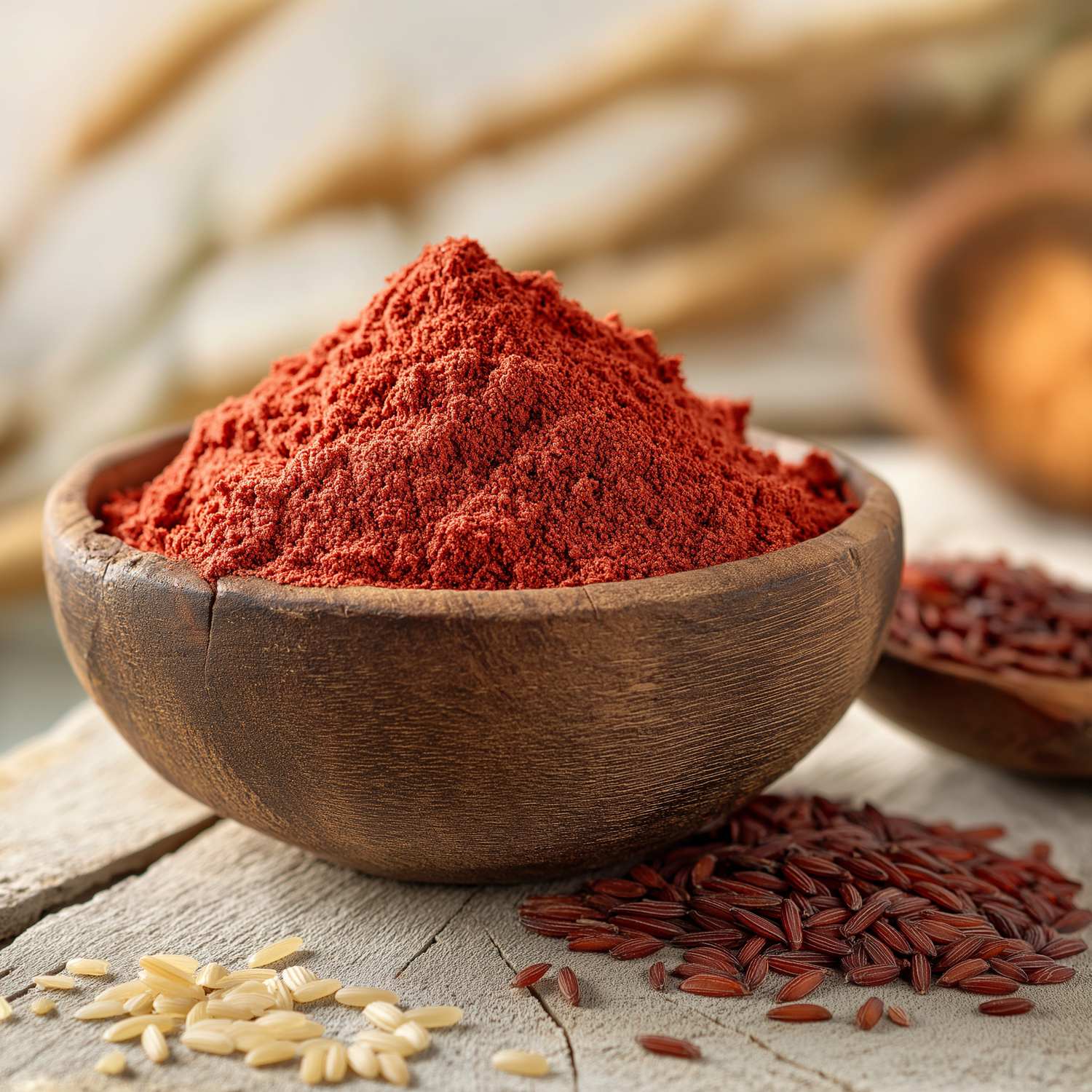 Leuchtend rotes Reispulver in Holzschale mit fermentiertem Reis und Darstellung von Monascus purpureus daneben