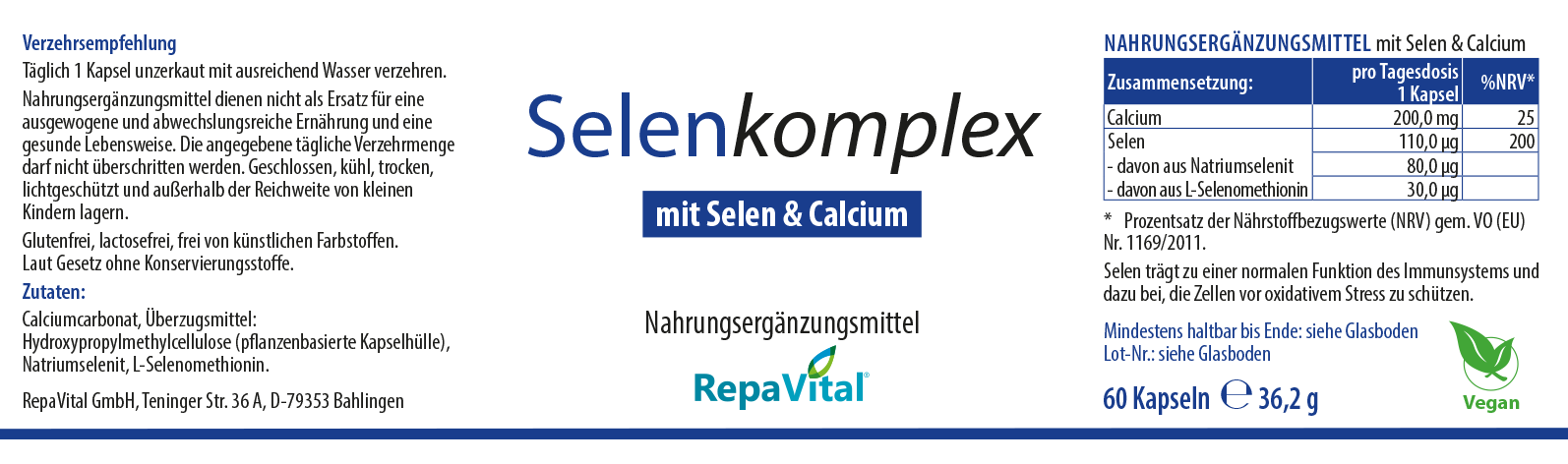 Selenkomplex mit Selen & Calcium von RepaVital – Produktetikett mit Nährwertangaben