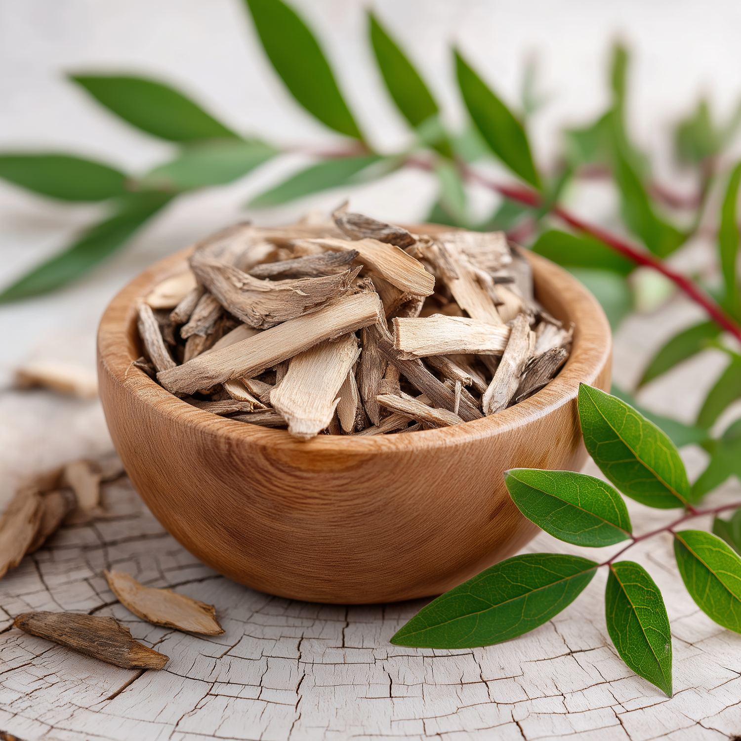 Wurzelstücke von Polygonum cuspidatum in Holzschale mit frischer Pflanze mit grünen Blättern daneben als Quelle für Trans-Resveratrol