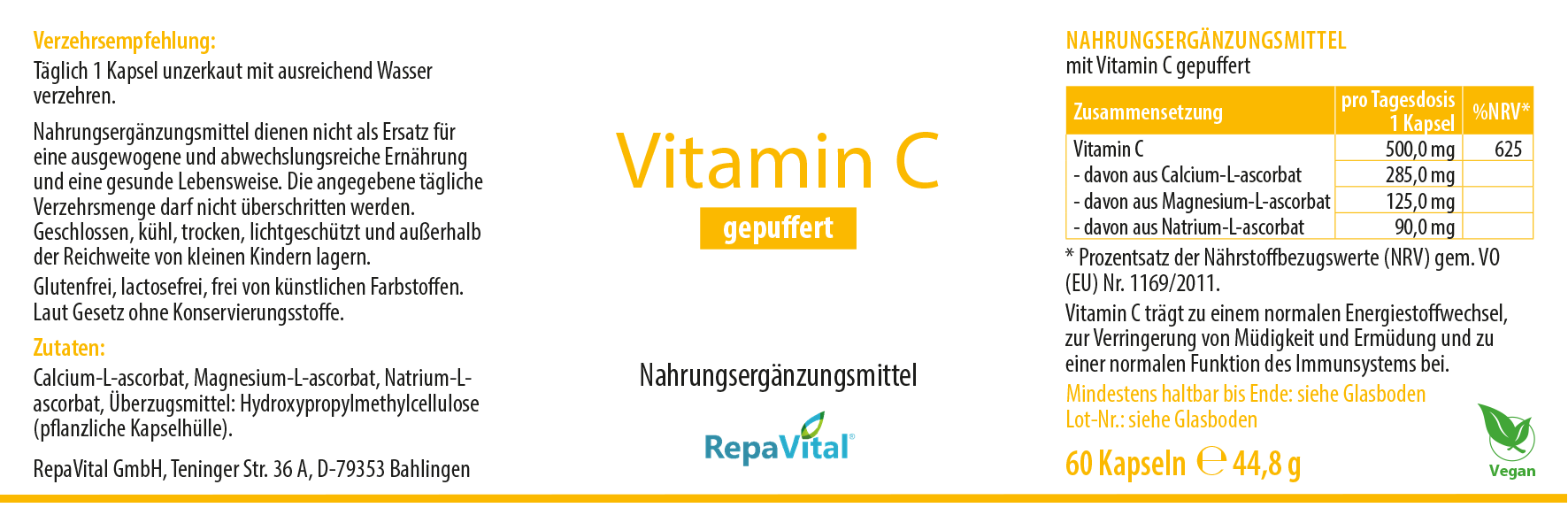 Etikett des Nahrungsergänzungsmittels Vitamin C gepuffert von RepaVital mit 500 mg gepuffertem Vitamin C pro Kapsel aus Calcium-, Magnesium- und Natrium-L-ascorbat