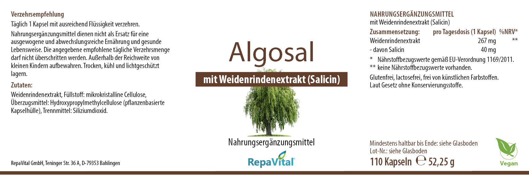 Etikett von Algosal – veganes Nahrungsergänzungsmittel mit Weidenrindenextrakt (Salicin), 110 Kapseln, glutenfrei und ohne künstliche Zusatzstoffe