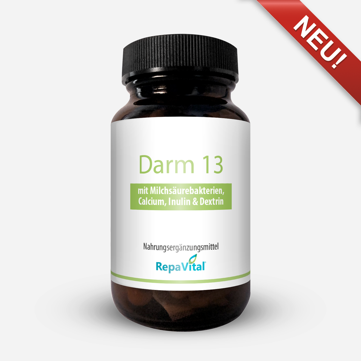 RepaVital Darm 13 – Nahrungsergänzungsmittel mit 13 Milchsäurebakterienstämmen, Inulin, Dextrin und Calcium zur Unterstützung der Darmflora und Verdauungsenzyme.