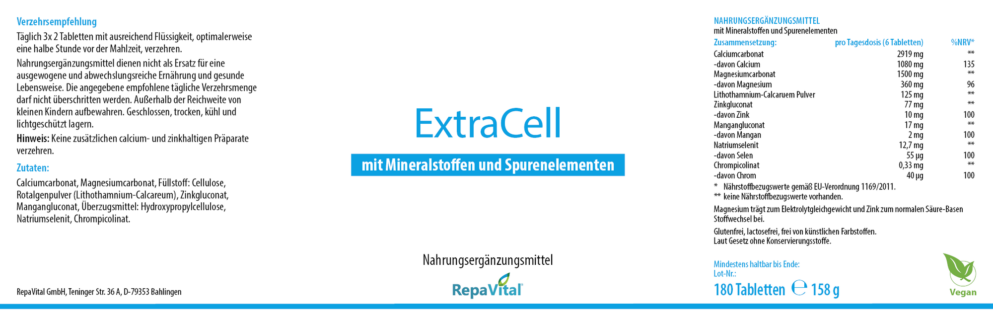 Etikett von ExtraCell von RepaVital – veganes Nahrungsergänzungsmittel mit Calcium, Magnesium, Zink, Mangan, Selen und weiteren Spurenelementen zur Unterstützung des Elektrolytgleichgewichts, 180 Tabletten