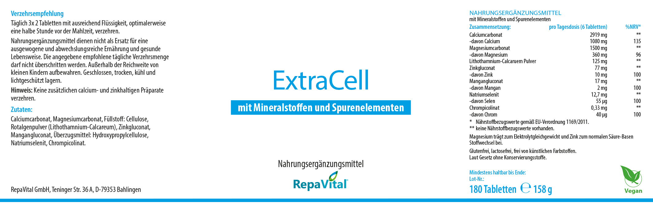 Etikett von ExtraCell von RepaVital – veganes Nahrungsergänzungsmittel mit Calcium, Magnesium, Zink, Mangan, Selen und weiteren Spurenelementen zur Unterstützung des Elektrolytgleichgewichts, 180 Tabletten