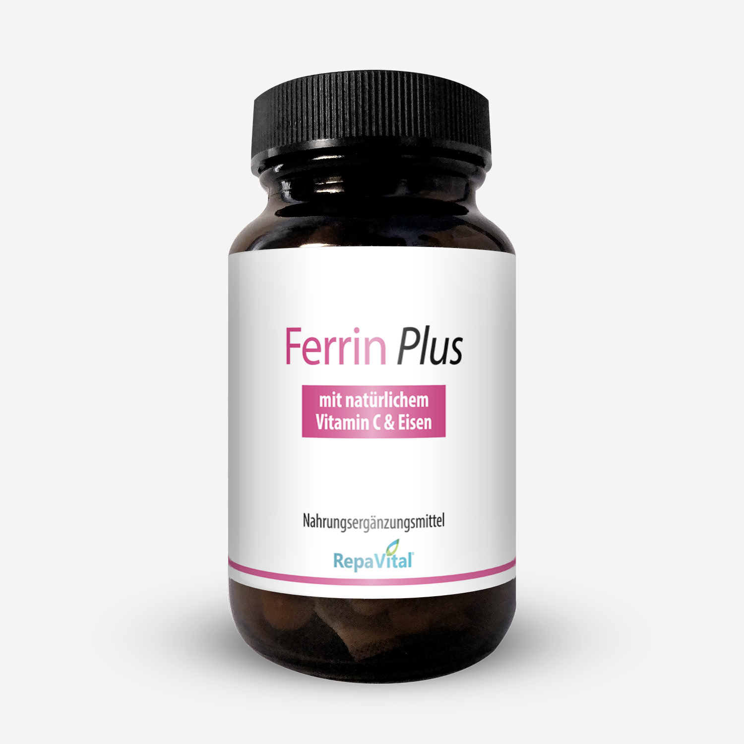 Braunglasflasche des Nahrungsergänzungsmittels RepaVital „Ferrin Plus – mit natürlichem Vitamin C & Eisen“. Enthält natürliches Eisen aus Curryblattextrakt und Vitamin C zur Unterstützung der täglichen Versorgung.