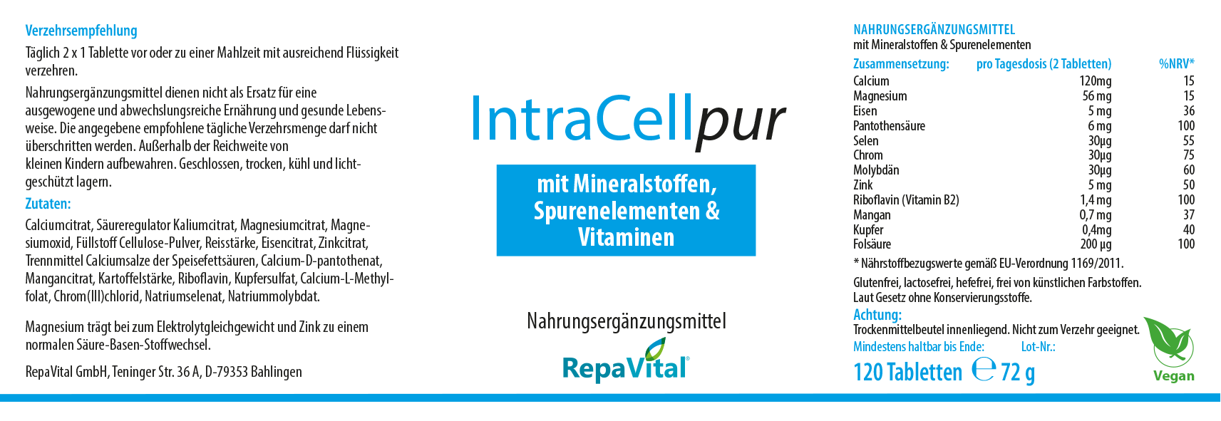 Etikett von IntraCellpur von RepaVital – veganes Nahrungsergänzungsmittel mit Calcium, Magnesium, Kalium und Zink zur Unterstützung des Energiestoffwechsels und der Muskelfunktion, 120 Tabletten