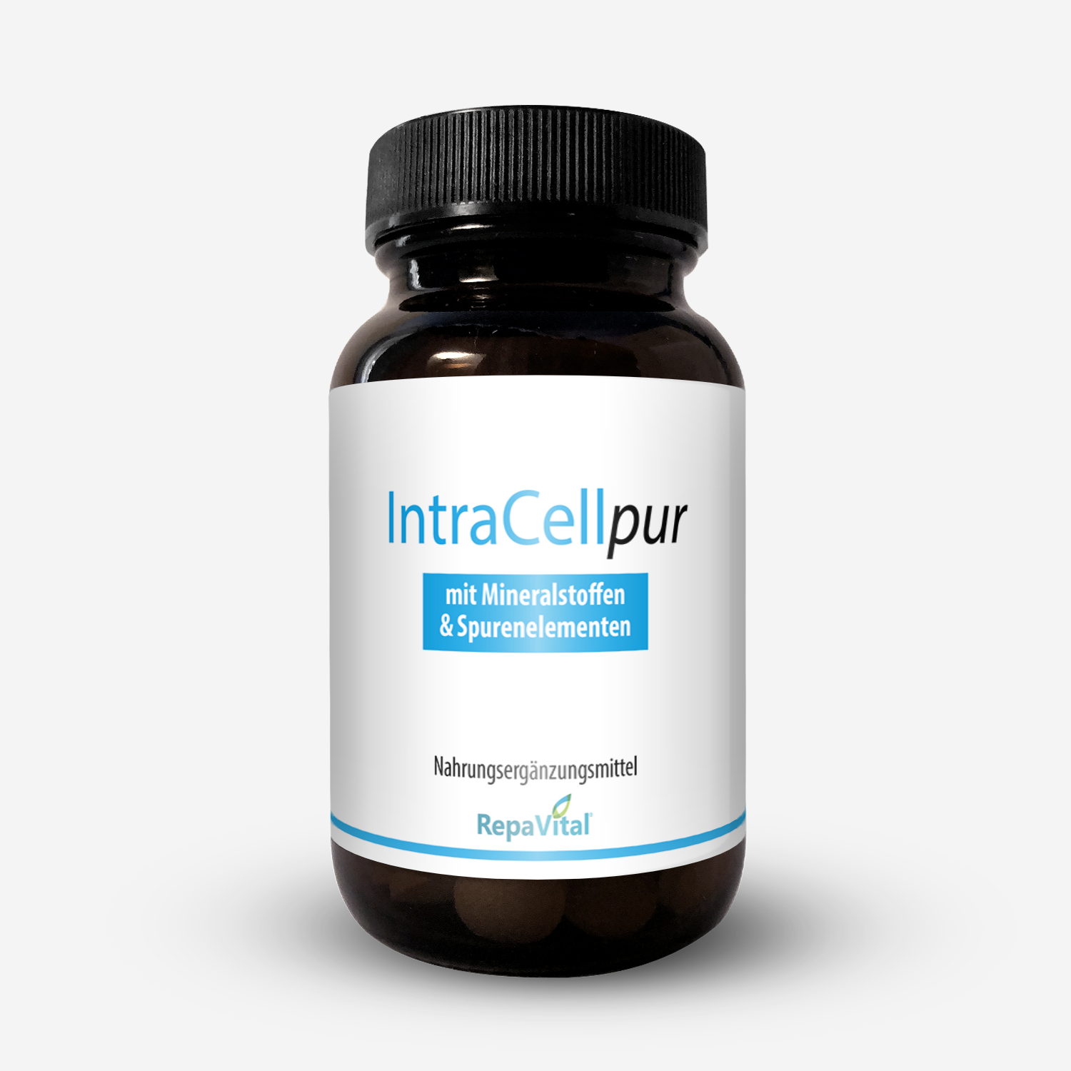 Braunglasdose mit dem Nahrungsergänzungsmittel IntraCellpur von RepaVital – mit Mineralstoffen und Spurenelementen für den täglichen Bedarf.