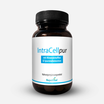 Braunglasdose mit dem Nahrungsergänzungsmittel IntraCellpur von RepaVital – mit Mineralstoffen und Spurenelementen für den täglichen Bedarf.
