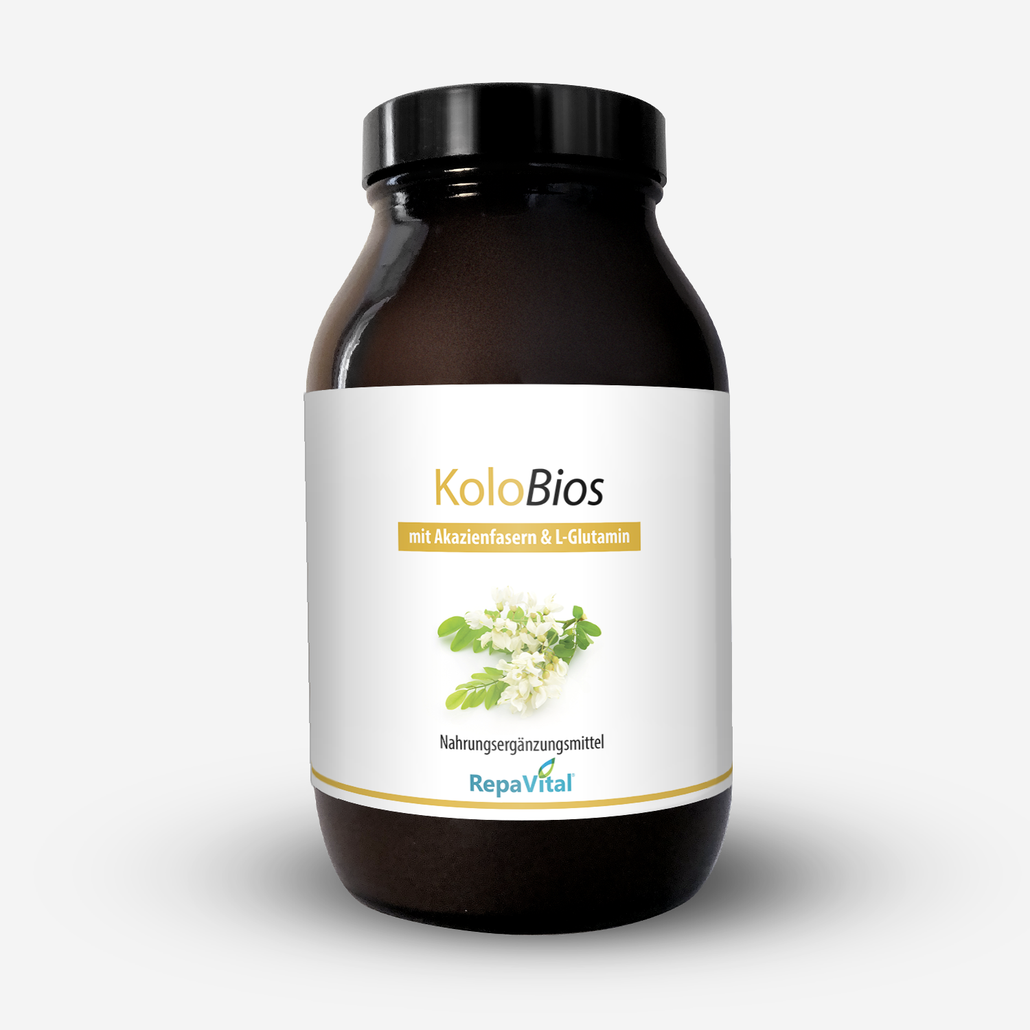 RepaVital KoloBios – Nahrungsergänzungsmittel mit Akazienfasern und L-Glutamin in brauner Dose mit weißem Etikett und Blütenabbildung