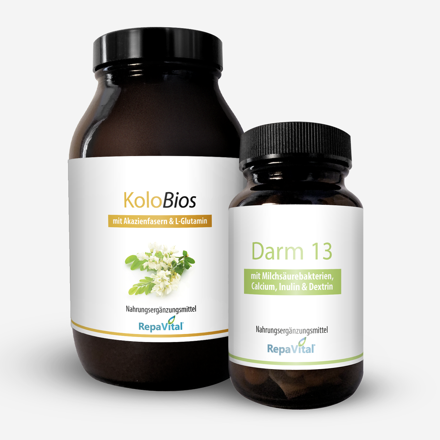 Zwei Nahrungsergänzungsmittel von RepaVital: Kolobios (Pulver mit Akazienfasern, Flohsamenschalen, L-Glutamin, trans-Resveratrol und MPC) zur täglichen Anwendung für den Darm, und Darm 13 (Kapseln mit 13 Milchsäurebakterien-Stämmen, Calcium, Inulin und Dextrin) zur Unterstützung der Verdauungsenzyme und Darmflora. Beide Produkte sind vegan, glutenfrei, laktosefrei und ohne künstliche Zusatzstoffe.