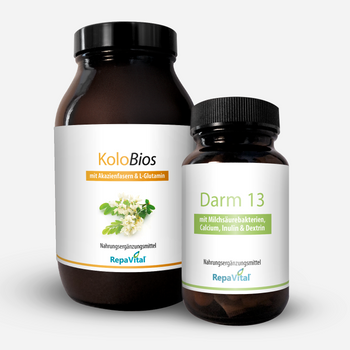 Zwei Nahrungsergänzungsmittel von RepaVital: Kolobios (Pulver mit Akazienfasern, Flohsamenschalen, L-Glutamin, trans-Resveratrol und MPC) zur täglichen Anwendung für den Darm, und Darm 13 (Kapseln mit 13 Milchsäurebakterien-Stämmen, Calcium, Inulin und Dextrin) zur Unterstützung der Verdauungsenzyme und Darmflora. Beide Produkte sind vegan, glutenfrei, laktosefrei und ohne künstliche Zusatzstoffe.