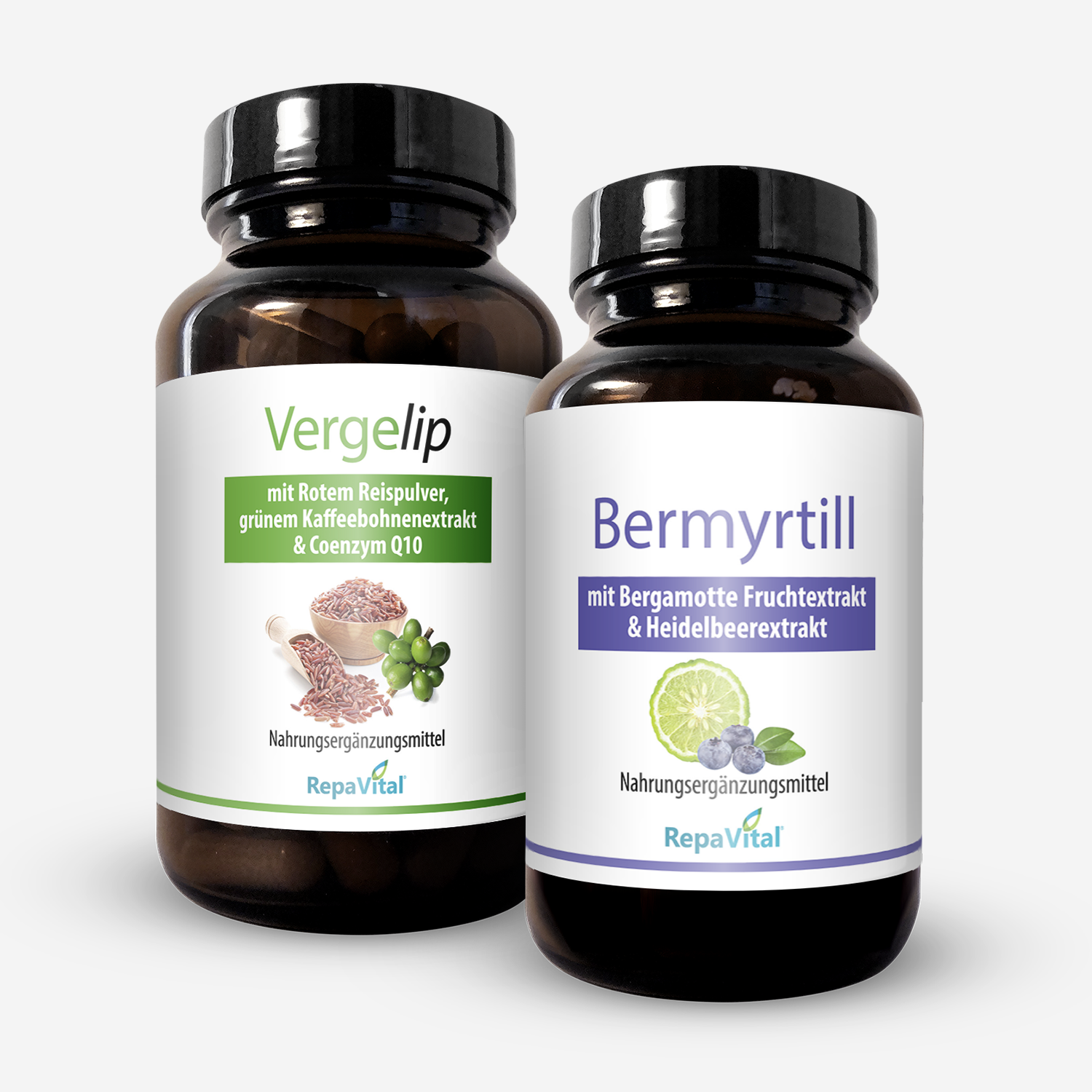 Zwei Nahrungsergänzungsmittel von RepaVital: Vergelip mit rotem Reispulver, grünem Kaffeebohnenextrakt und Coenzym Q10 sowie Bermyrtill mit Bergamotte- und Heidelbeerextrakt – natürlicher Gefäßschutz zum Vorteilspreis