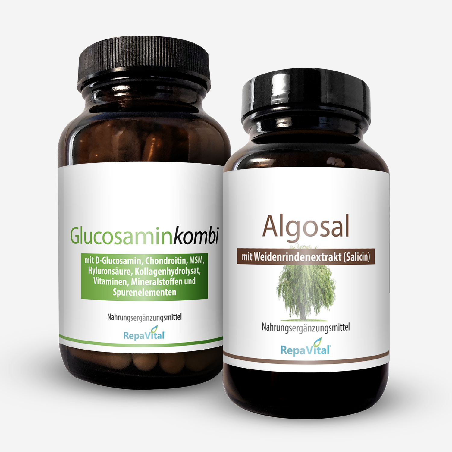Zwei Nahrungsergänzungsmittel von RepaVital für Gelenke: Glucosaminkombi mit Vitaminen und Mineralstoffen sowie Algosal mit Weidenrindenextrakt – ideale Kombination zur Unterstützung der Gelenkfunktion