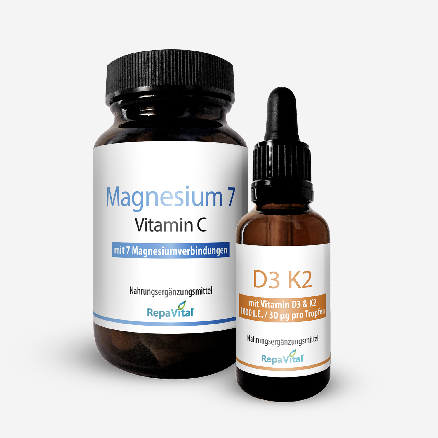 RepaVital Kombipackung: Magnesium 7 mit Vitamin C und D3 K2 Tropfen – zwei Nahrungsergänzungen für Muskeln, Knochen und Immunsystem.