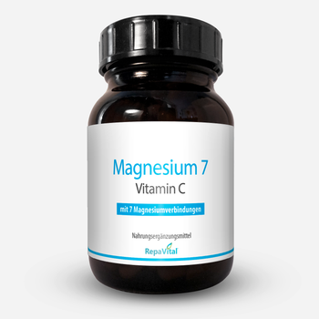 Braunglasflasche mit weißem Etikett des Nahrungsergänzungsmittels „Magnesium 7 mit Vitamin C“ von RepaVital, mit Hinweis auf 7 Magnesiumverbindungen.