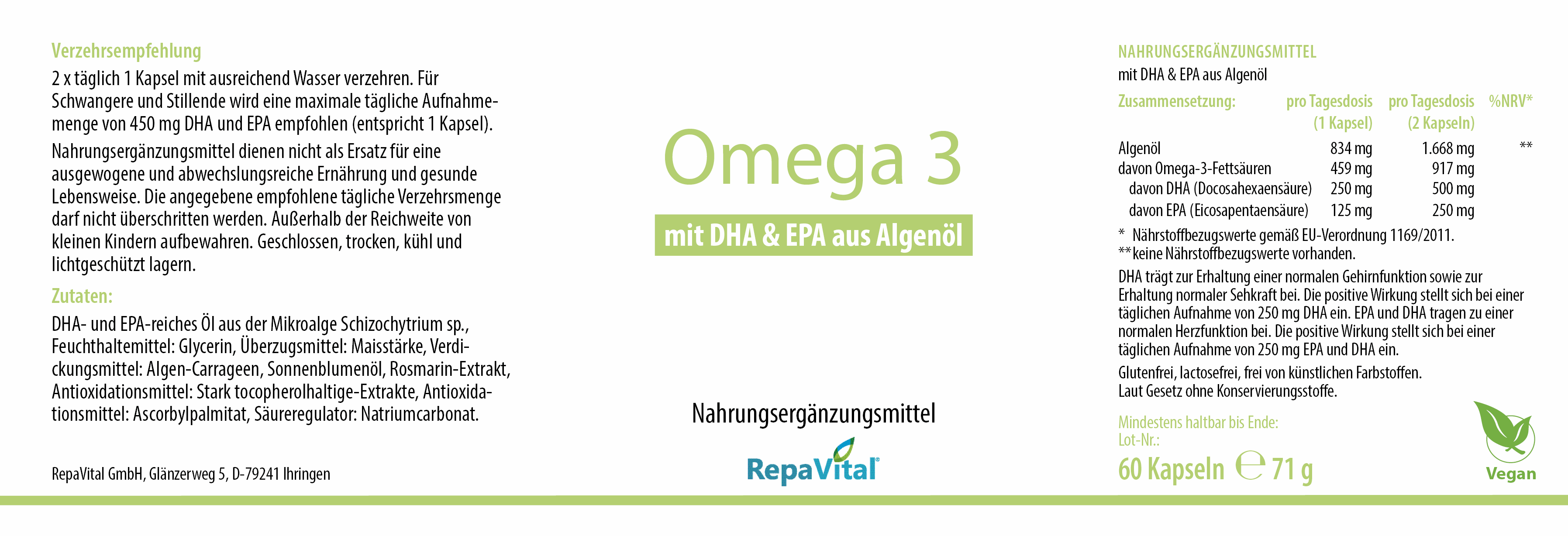 Etikett des Nahrungsergänzungsmittels Omega 3 mit DHA und EPA aus Algenöl von RepaVital – vegane Omega-3-Kapseln mit hoher Konzentration an Docosahexaensäure (DHA) und Eicosapentaensäure (EPA), ideal für Gehirnfunktion und Sehkraft