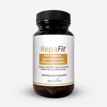 RepaFit Nahrungsergänzungsmittel in Kapseln von RepaVital – Multivitamin-Komplex mit Spurenelementen, OPC, Pflanzenextrakten und Antioxidantien zur täglichen Unterstützung.