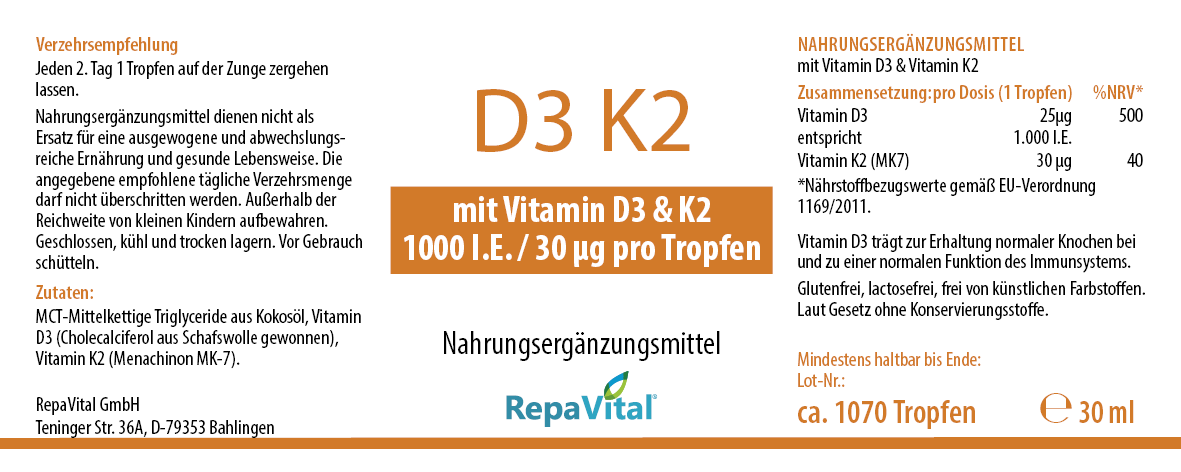 Etikett von RepaVital D3 K2 Tropfen mit Vitamin D3 1000 I.E. und 30 µg K2 pro Tropfen – Nahrungsergänzung zur Unterstützung von Knochen und Immunsystem.