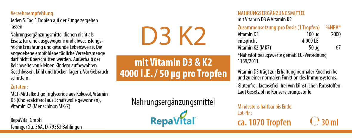 Etikett von RepaVital Vitamin D3 K2 Tropfen hochdosiert – 4000 I.E. Vitamin D3 und 50 µg K2 pro Tropfen, Nahrungsergänzungsmittel zur Unterstützung von Knochen und Immunsystem