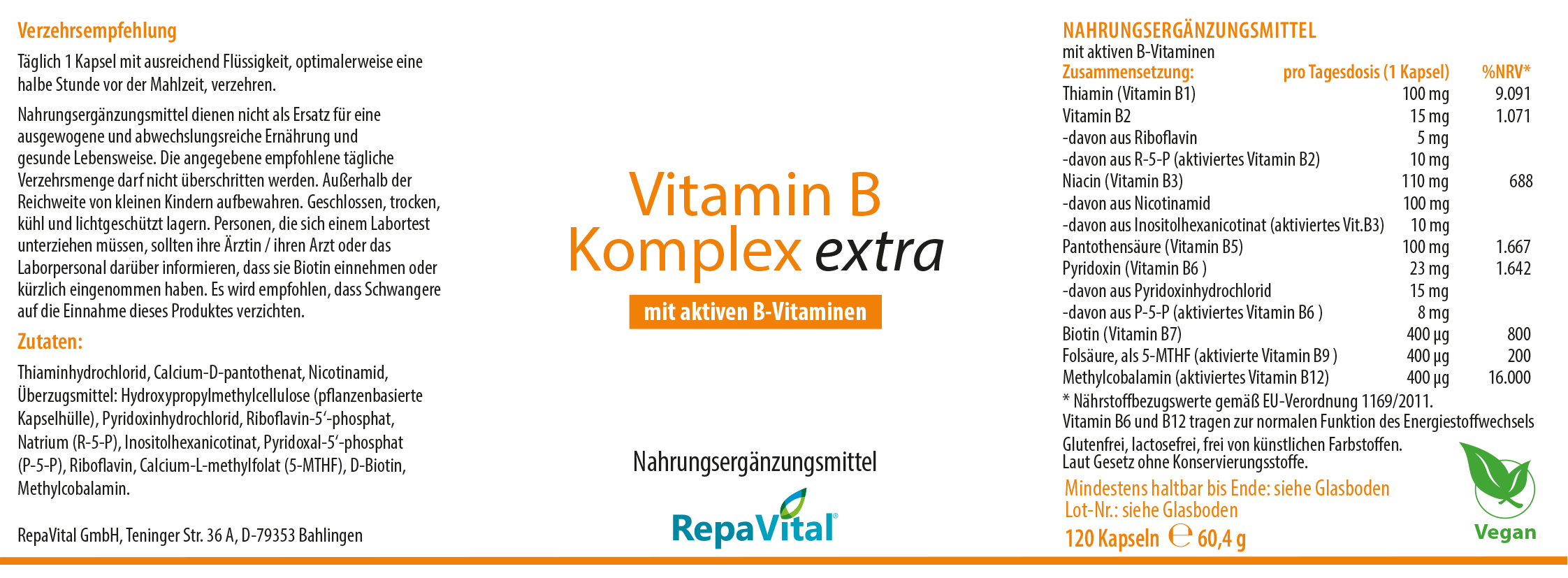 Etikett Vitamin B Komplex extra von RepaVital – B-Komplex mit aktiven Formen wie Methylcobalamin, P-5-P und 5-MTHF
