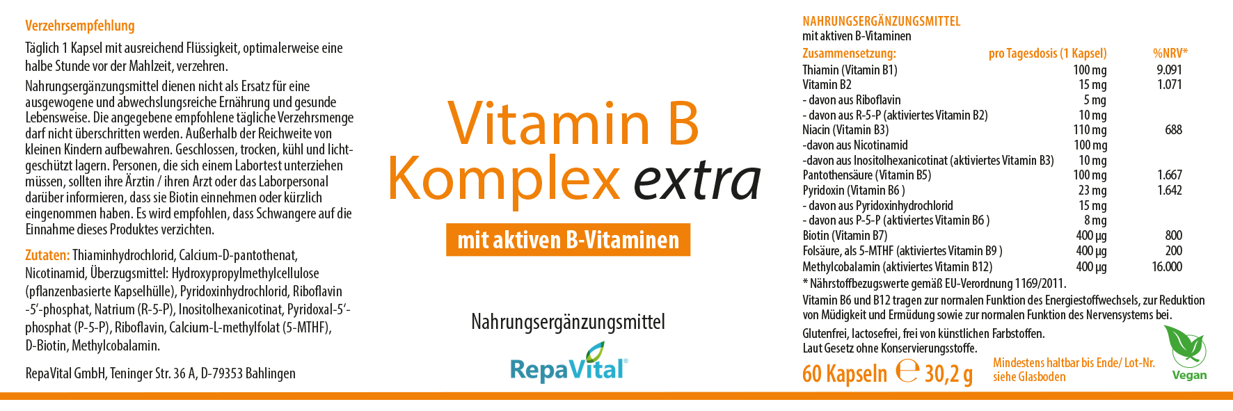 Etikett von RepaVital Vitamin B Komplex extra mit aktiven B-Vitaminen – hochdosiertes B-Komplex Präparat