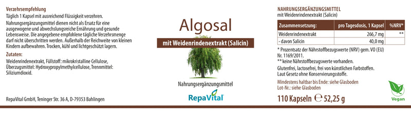 Algosal von RepaVital – Nahrungsergänzungsmittel mit Weidenrindenextrakt (Salicin), 110 Kapseln