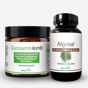 Zwei Nahrungsergänzungsmittel von RepaVital für Gelenke: Glucosaminkombi mit Vitaminen und Mineralstoffen sowie Algosal mit Weidenrindenextrakt – ideale Kombination zur Unterstützung der Gelenkfunktion