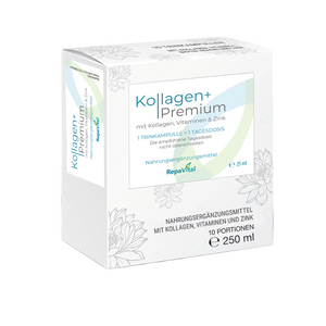 Weiße Verpackung des Kollagen+ Premium Trinkampullen von RepaVital – Nahrungsergänzungsmittel mit Kollagen, Vitaminen und Zink für Haut, Haare und Nägel, 10 Portionen à 25 ml.