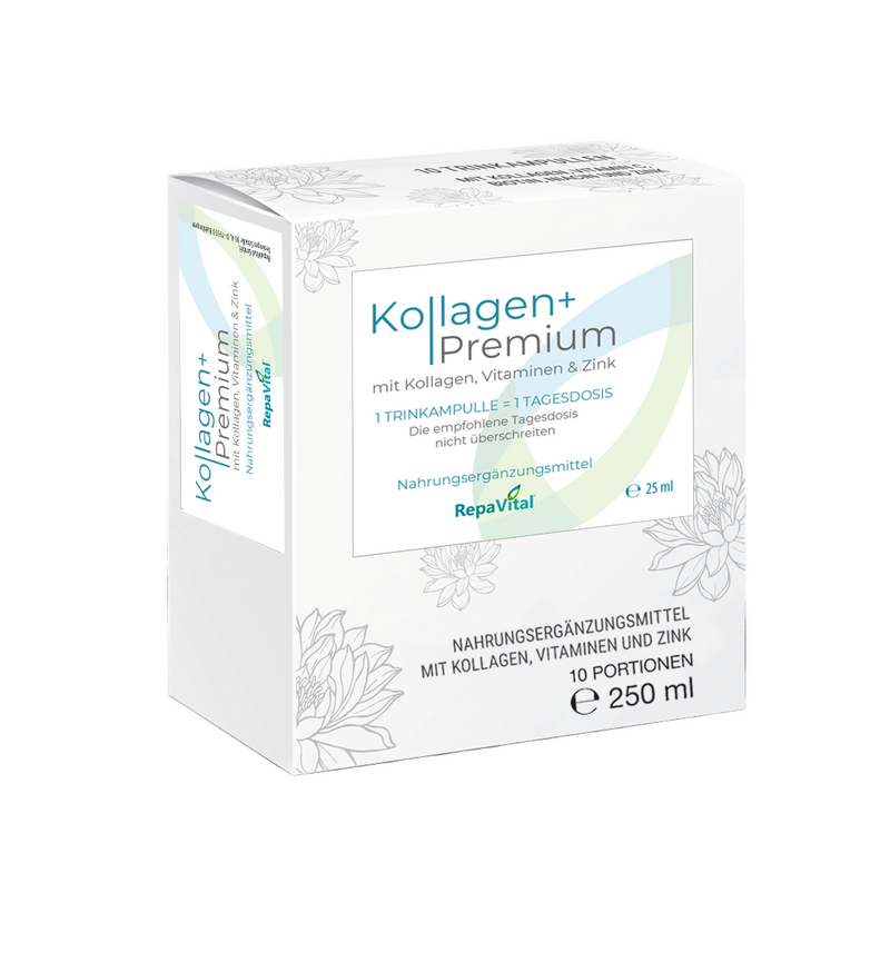 Weiße Verpackung des Kollagen+ Premium Trinkampullen von RepaVital – Nahrungsergänzungsmittel mit Kollagen, Vitaminen und Zink für Haut, Haare und Nägel, 10 Portionen à 25 ml.