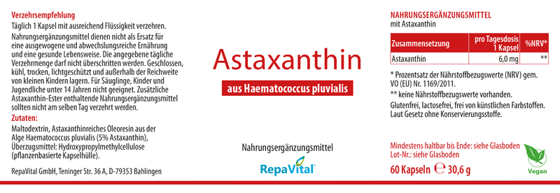 Etikett Astaxanthin aus Haematococcus pluvialis